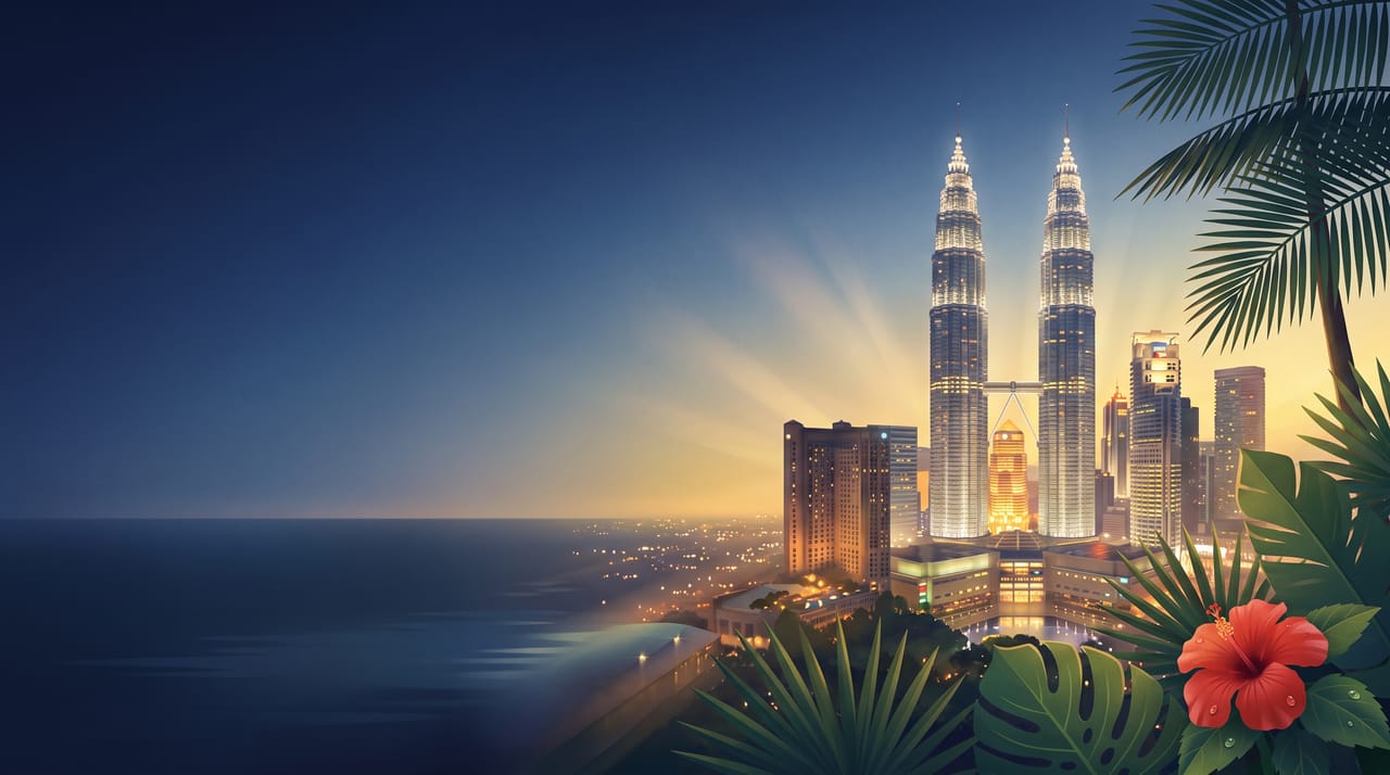 Ilustración de las Torres Petronas de Kuala Lumpur en la hora azul con hojas tropicales y un hibisco, Malasia